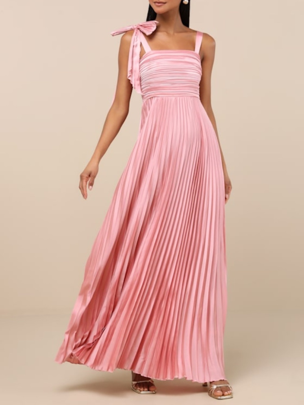 Lulus Gorgeous Purpose Pink Satin Pleated Sleeveless Bow Maxi Dress - Size L